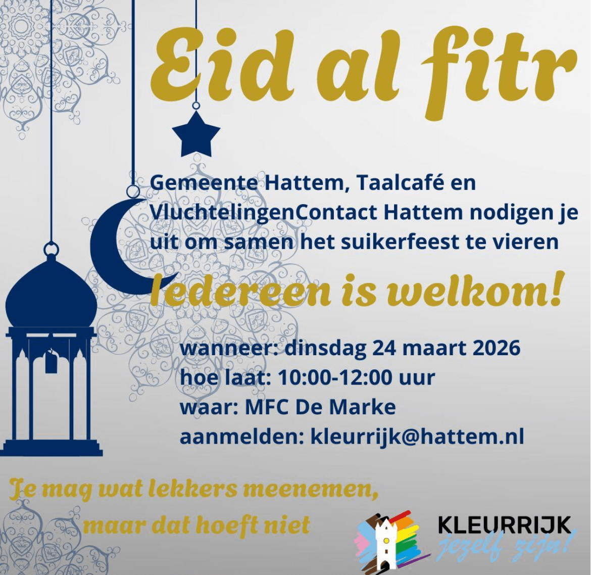 Uitnodiging VluchtelingenContact Hattem, Taalcafé en gemeente Eid al-Fitr
